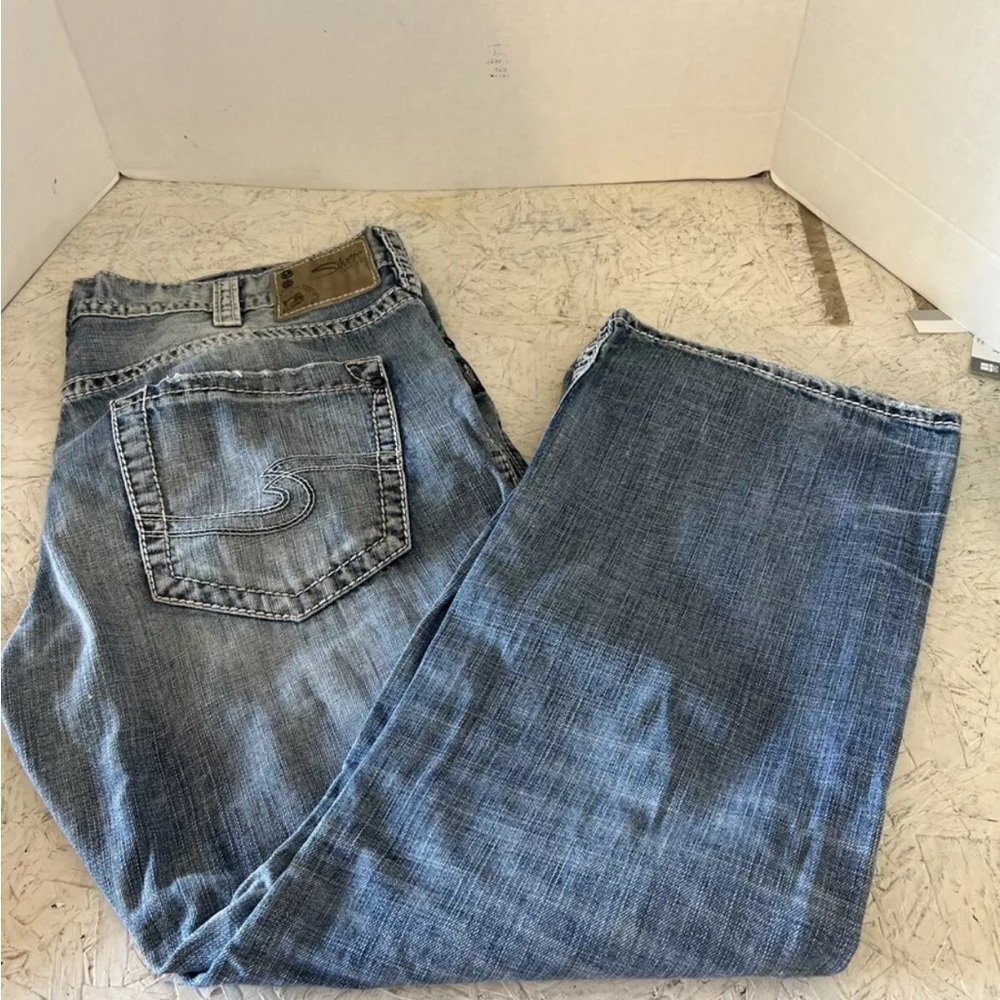 Silver Jean Co Zac Baggy Jeans Mens W38L30 Blue White Washed Denim Leg Loose